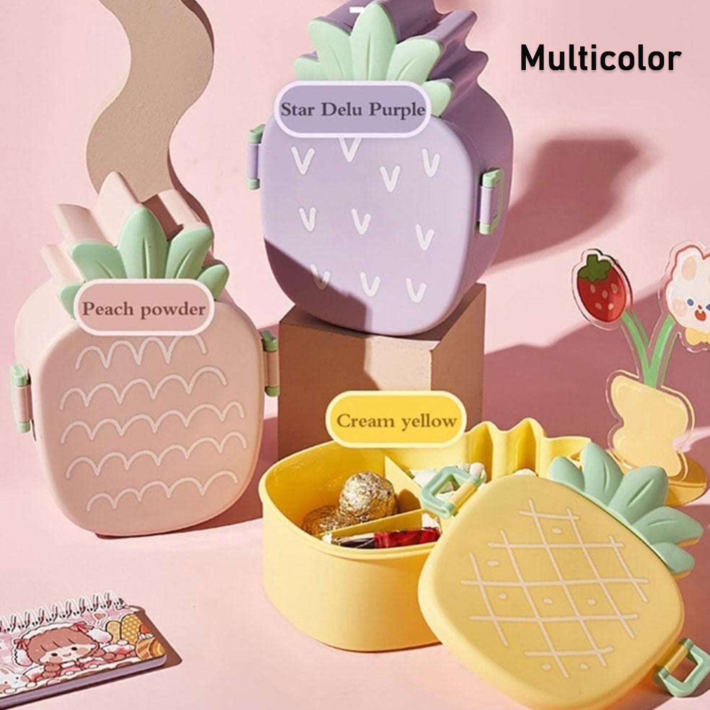 Kids Lunch Box Cute Pineapple Shaped Bento Box With Fork Spoon Snack Candy Container Microwave Portable Office Lunch Box (1 Pc  With Spoon  Fork) - Happy Price - Image 7