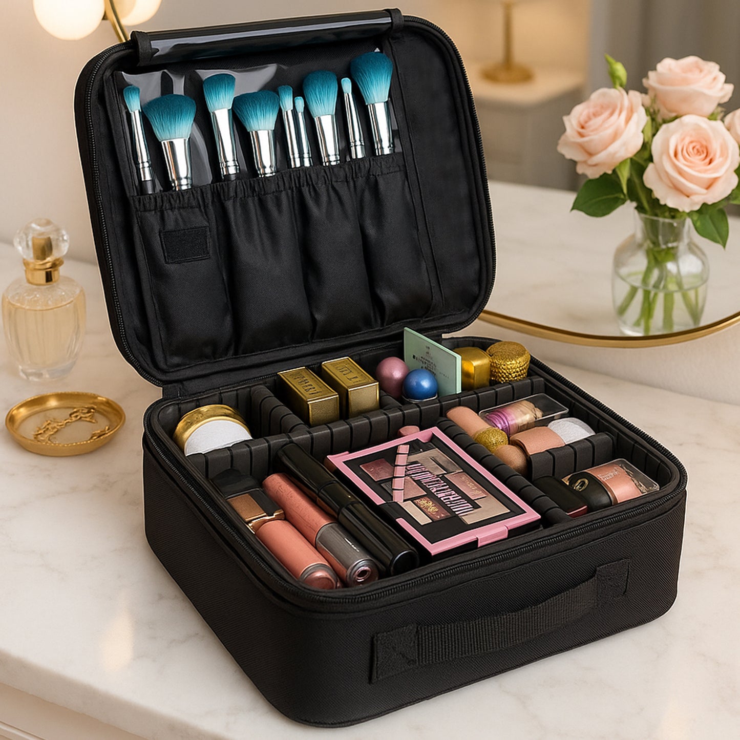 Black LED Makeup Organizer Box with Touch Mirror & USB Charging (1 Pc)