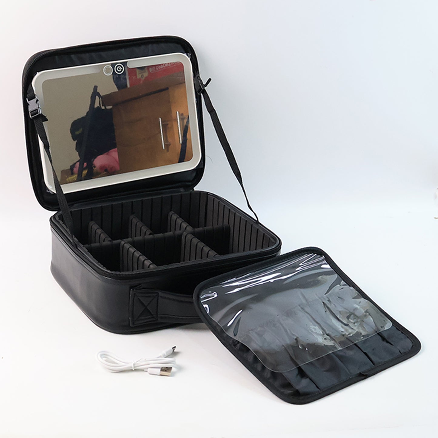 Black LED Makeup Organizer Box with Touch Mirror & USB Charging (1 Pc)