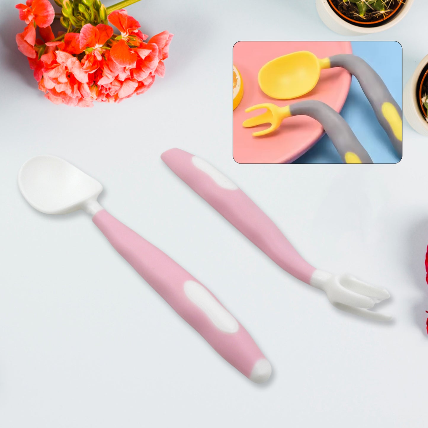 Silicone Bendable Kids Feeding Spoons And Forks Toddler Utensils With Travel Case Baby Spoon And Fork Set For Self-feeding Learning Bendable Handle For Kid Children Toddlers (2 Pc Set) - Happy Price - Image 2