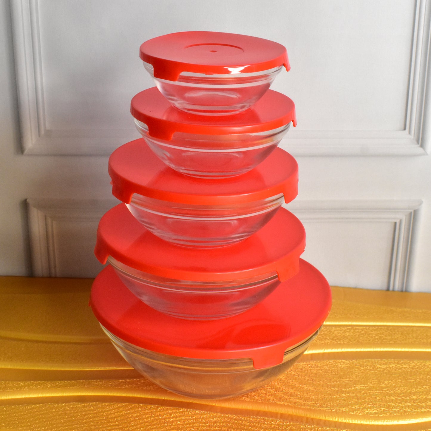 Modern Glass Bowl Set Mixing  Storage Bowls With Red Lids (5 Pcs Set) - Happy Price - Image 3