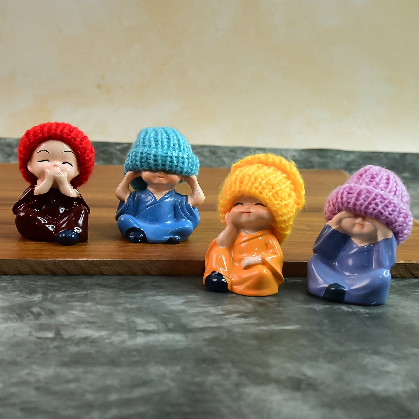 Set of 4 Resin Monk Buddha Figurines with Straw Hats - Spiritual Home Decor