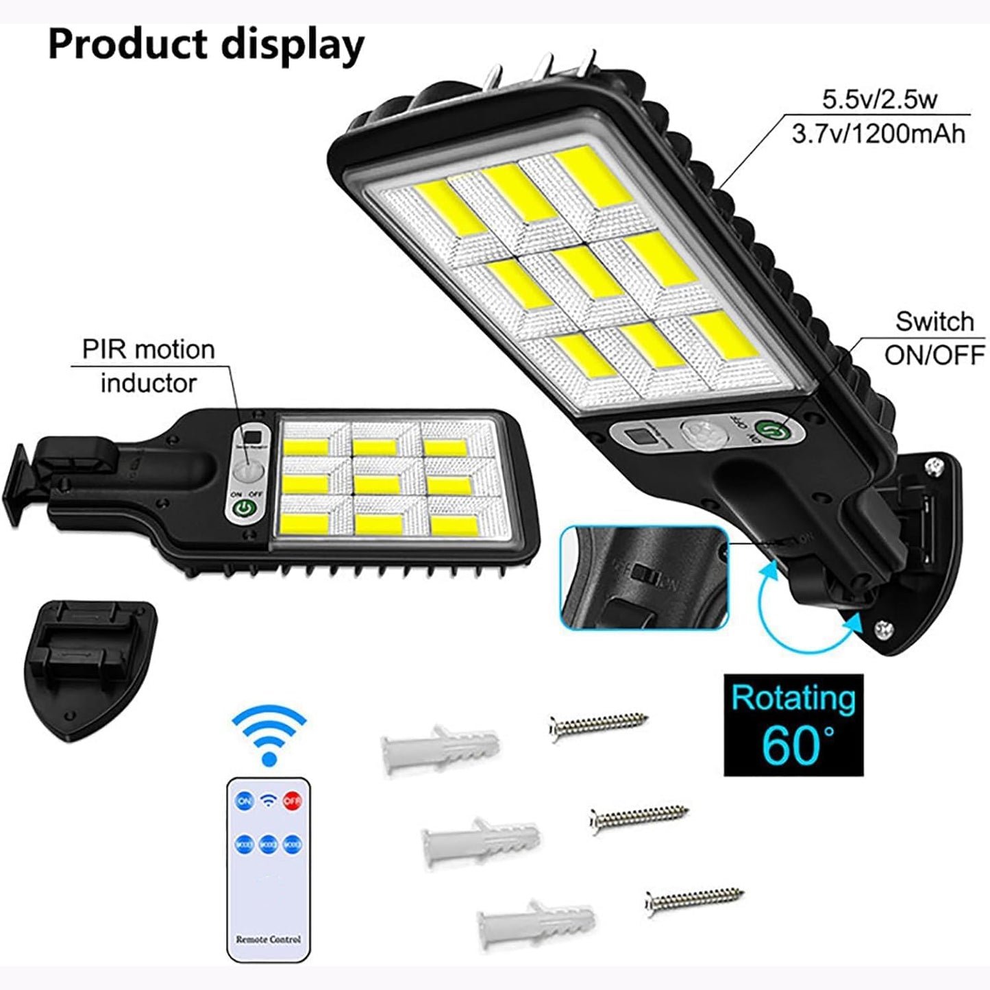 Solar LED Street Light with Motion Sensor & Remote Control - Outdoor Waterproof Wall Mount Lamp