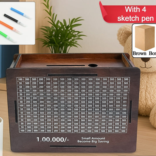 Wooden Money  Piggy Bank Money Box (1 Pc  4 Sketch Pen) - Happy Price - Image 1