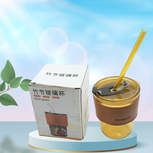 Home Glass Coffee Mugtea Cup With Glass Straw And Leakproof Lid  Travel Friendly Cups With Heatproof Sleeves - Happy Price - Image 1