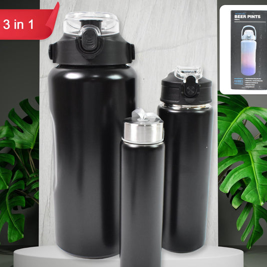 3 In 1 Stainless Steel Insulated Water Bottle Double Wall Vacuum (3 Pcs Set  Different Size) - Happy Price - Image 1