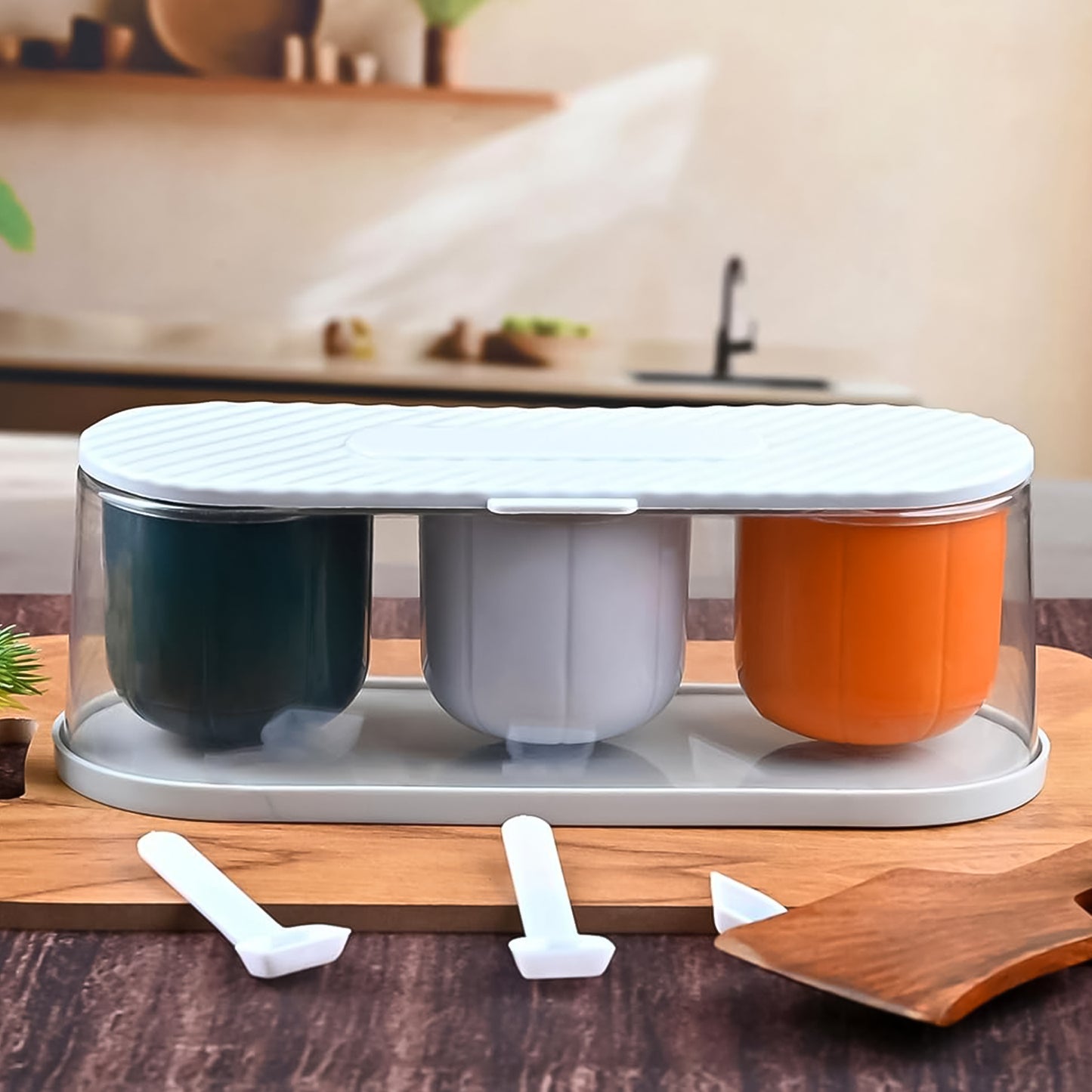 Home Kitchen 3 Grid Seasoning Spice  Masala Box Kit With Spoon (Multicolor  1 Set) - Happy Price - Image 3