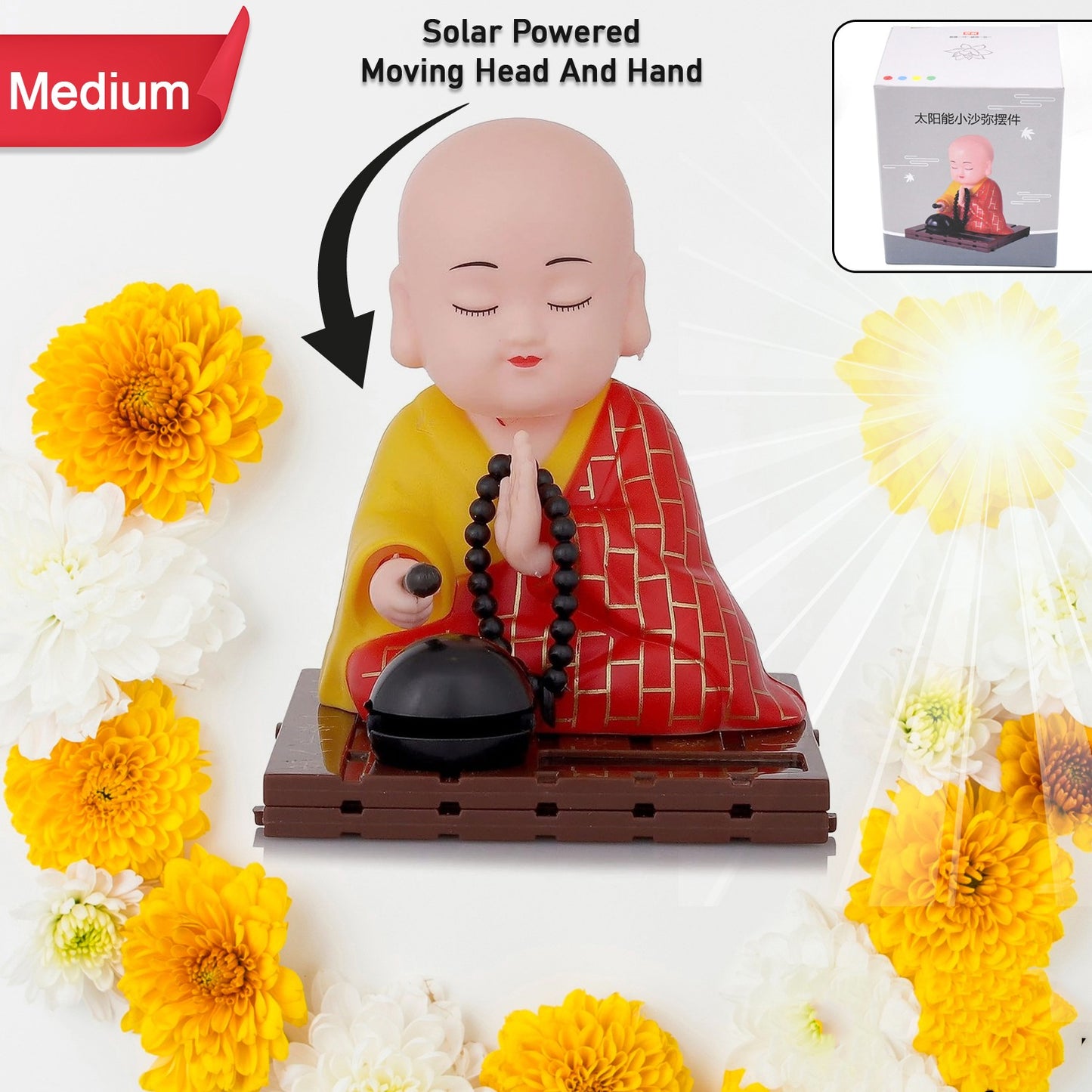 Solar Powered Buddha Statue with Moving Head & Hand - Medium Size