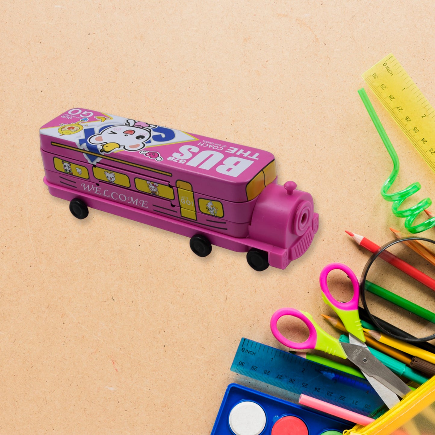 Double Decker Magic Bus Compass 2 Layer Metal Bus Compass Pencil Case With Movable Wheels  Sharpener Bus Shape With Tiers Metal Pencil Box For Kids Birthday Party - Happy Price - Image 2