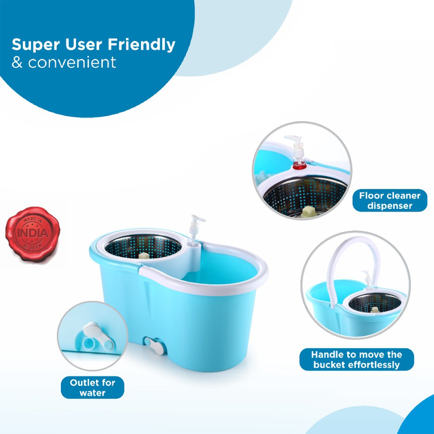 Plastic Spinner Bucket Mop 360 Degree Self Spin Wringing With 2 Absorbers For Home And Office Floor Cleaning Mops Set - Happy Price - Image 5
