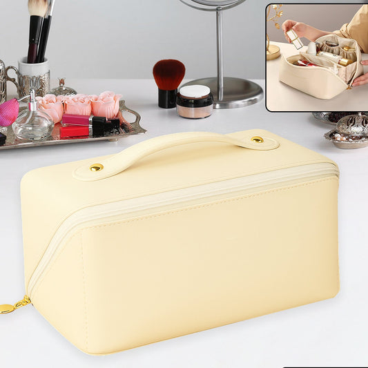 Premium Cream Travel Makeup  Toiletry Organizer Pouch With Zipper  Handle (1 Pc) - Happy Price - Image 1