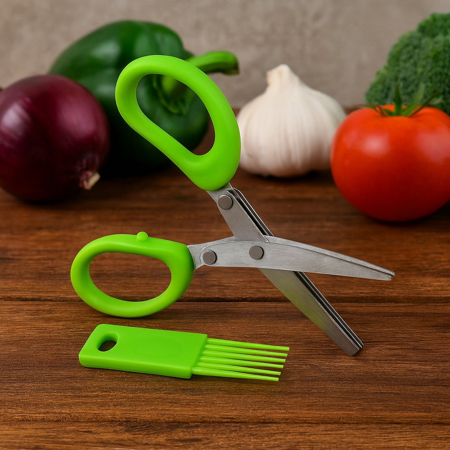 3-Blade Kitchen Herb Scissors with Cleaning Comb - Stainless Steel Cutter for Vegetables & Garnishes (1 Pc) - Happy Price - Image 6