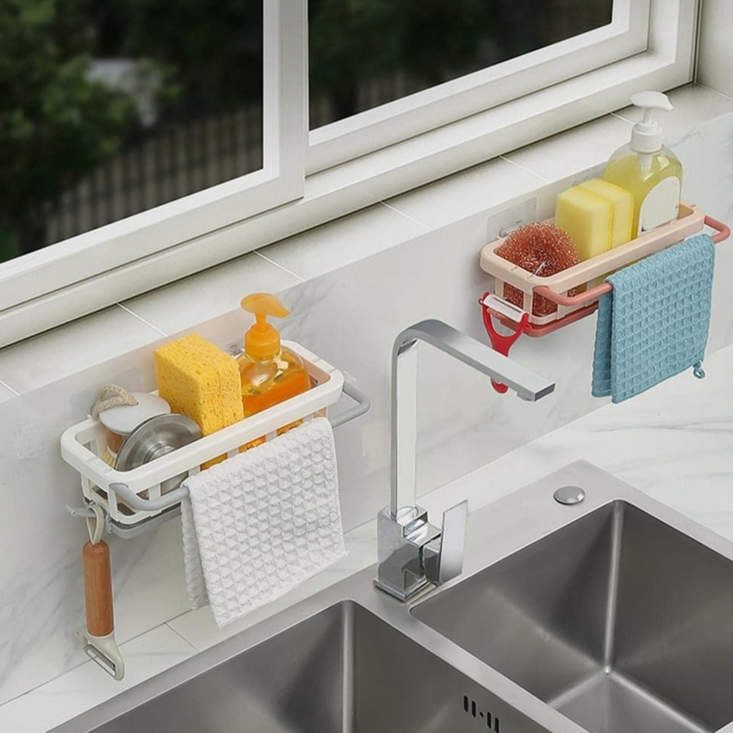 Multipurpose Platic Hanging Drain Rack Retractable Sponge Storage Hanging Rack With Adhesive Hook For Kitchen And Bathroom Dishcloth Holders Basket Drying Tray Organizer - Happy Price - Image 4