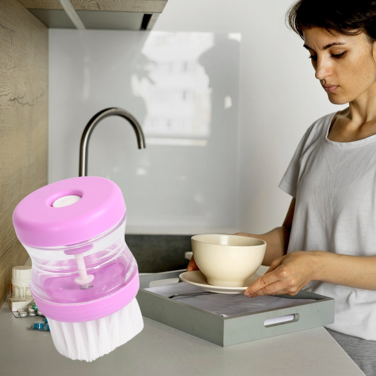 Plastic Wash Basin Brush Cleaner With Liquid Soap Dispenser (Multicolour) - Happy Price - Image 5