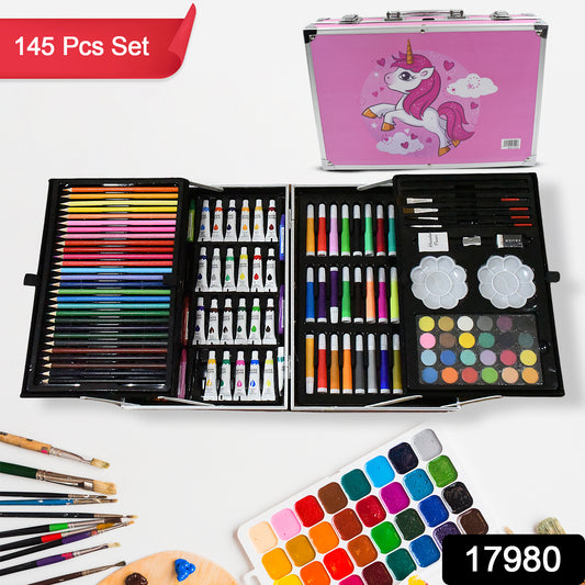 professional Art Set-drawing Painting Sketching Coloring Kids Set All In 1 Art Case Perfect For Kids With Unicorn Design Case Shading Crayons Oil Pastels Color Set Watercolor Cakes Paint Brush Sharpener Eraser (145 Pcs Set) - Happy Price - Image 1