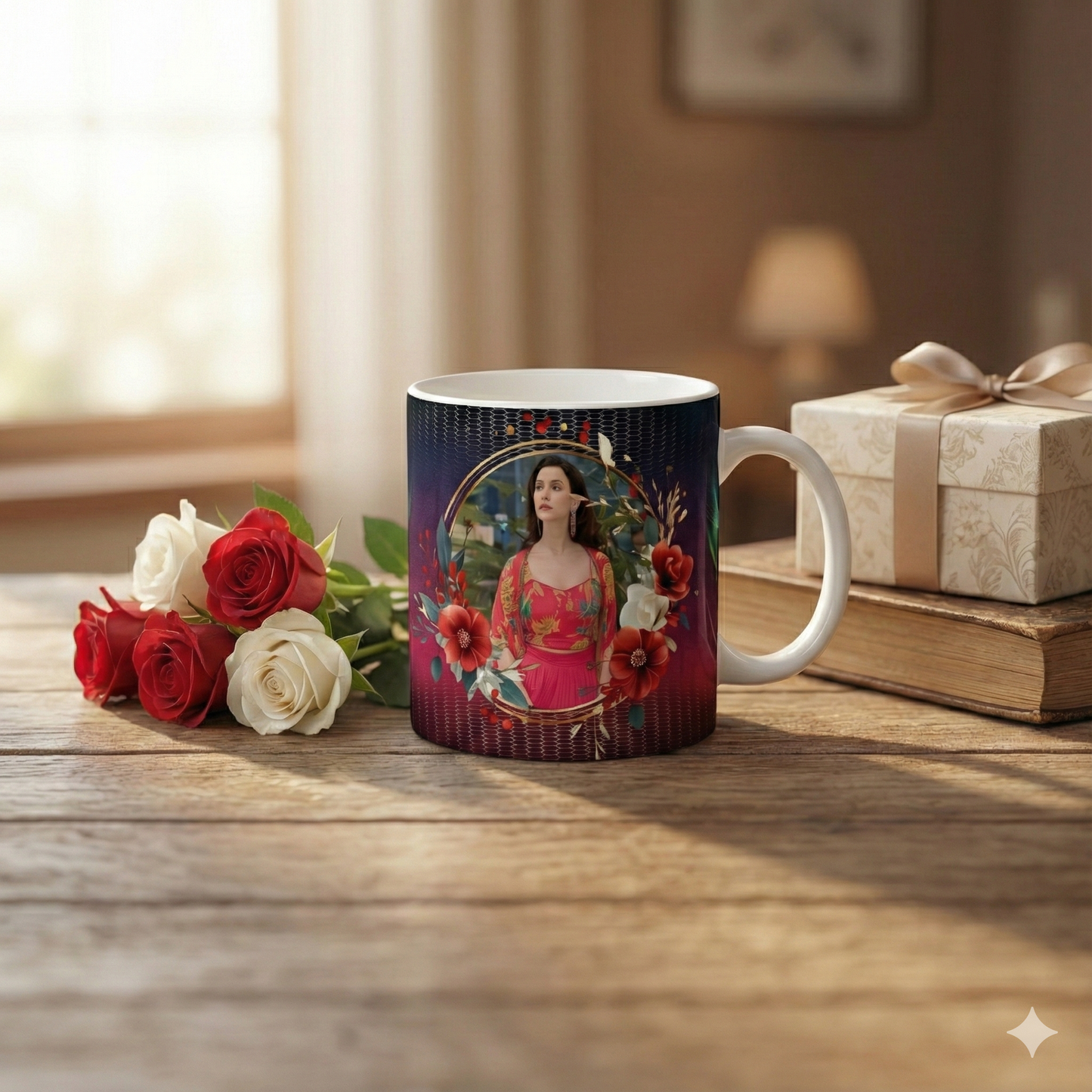 Elegant Floral Frame Designer Mug – Custom Photo Print Ceramic Gift (Premium 11oz)