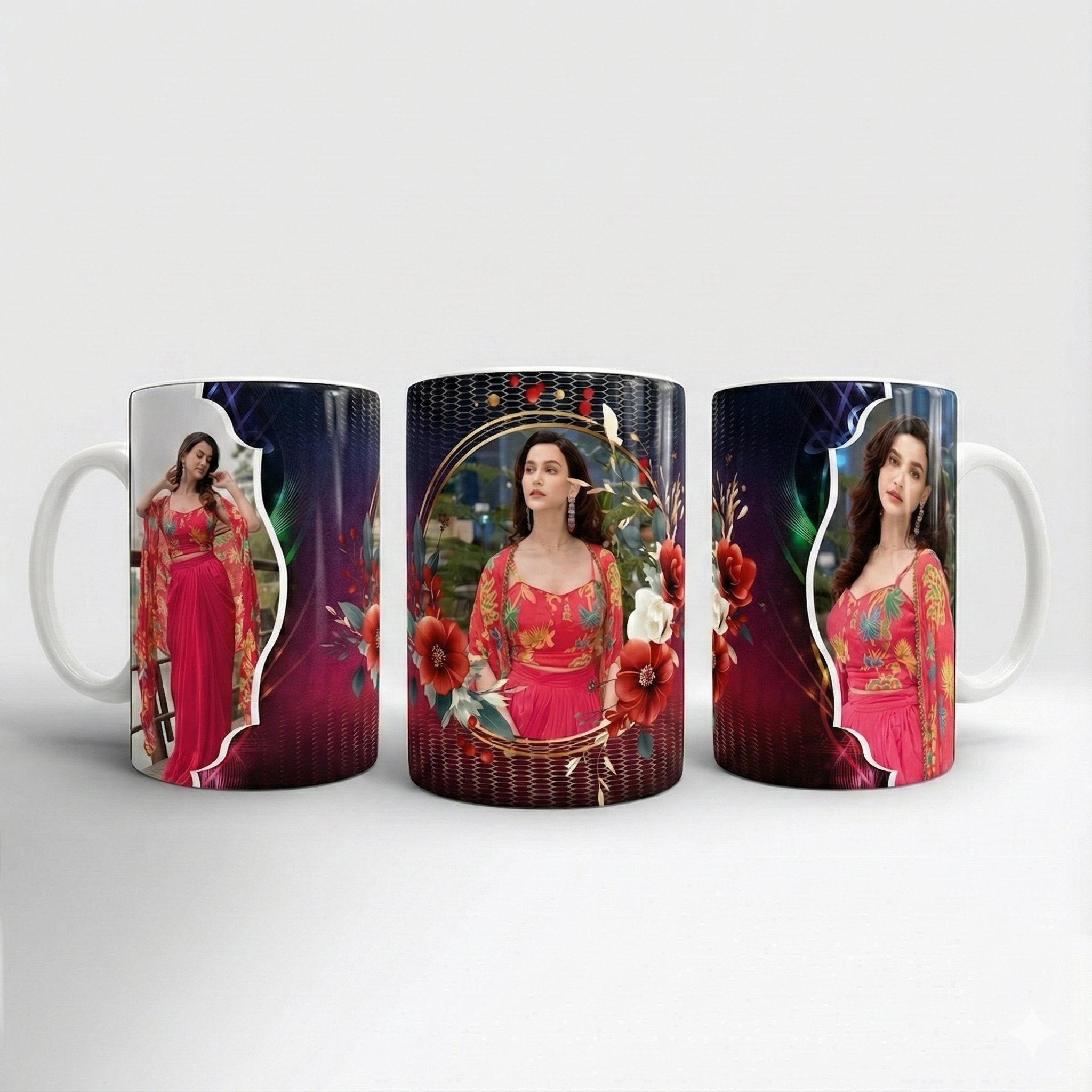 Elegant Floral Frame Designer Mug – Custom Photo Print Ceramic Gift (Premium 11oz)