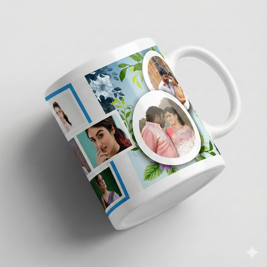 Blue Blossom Memories Collage Mug – Custom Photo Print Ceramic Mug (11oz)