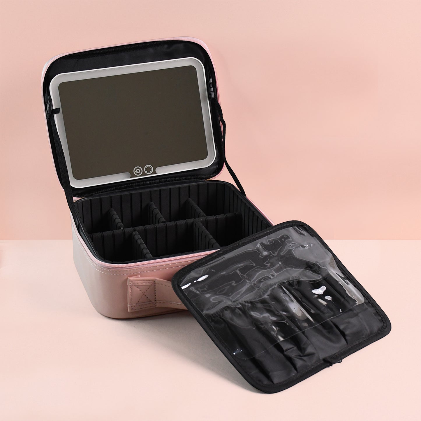 Pink LED Light Makeup Organizer Box with Touch Mirror & USB Charging (1 Pc)