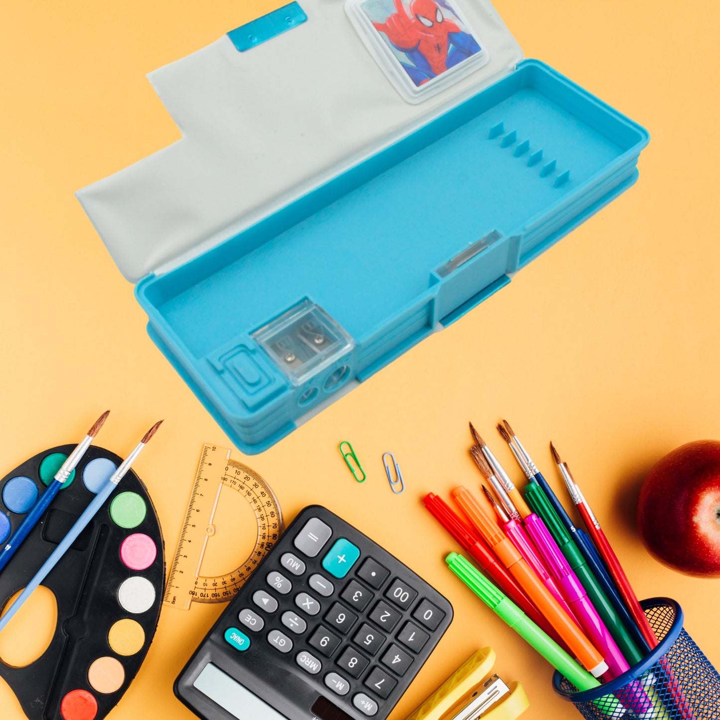 Art  Stationery Cartoon Multi-functional Geometry Box For Boys With Inbuilt Calculator 2 Sides Open And Double Sharpener Stationery Kit Pencil Box For Boys Art Plastic Pencil Box  For Girls And Boys - Happy Price - Image 2