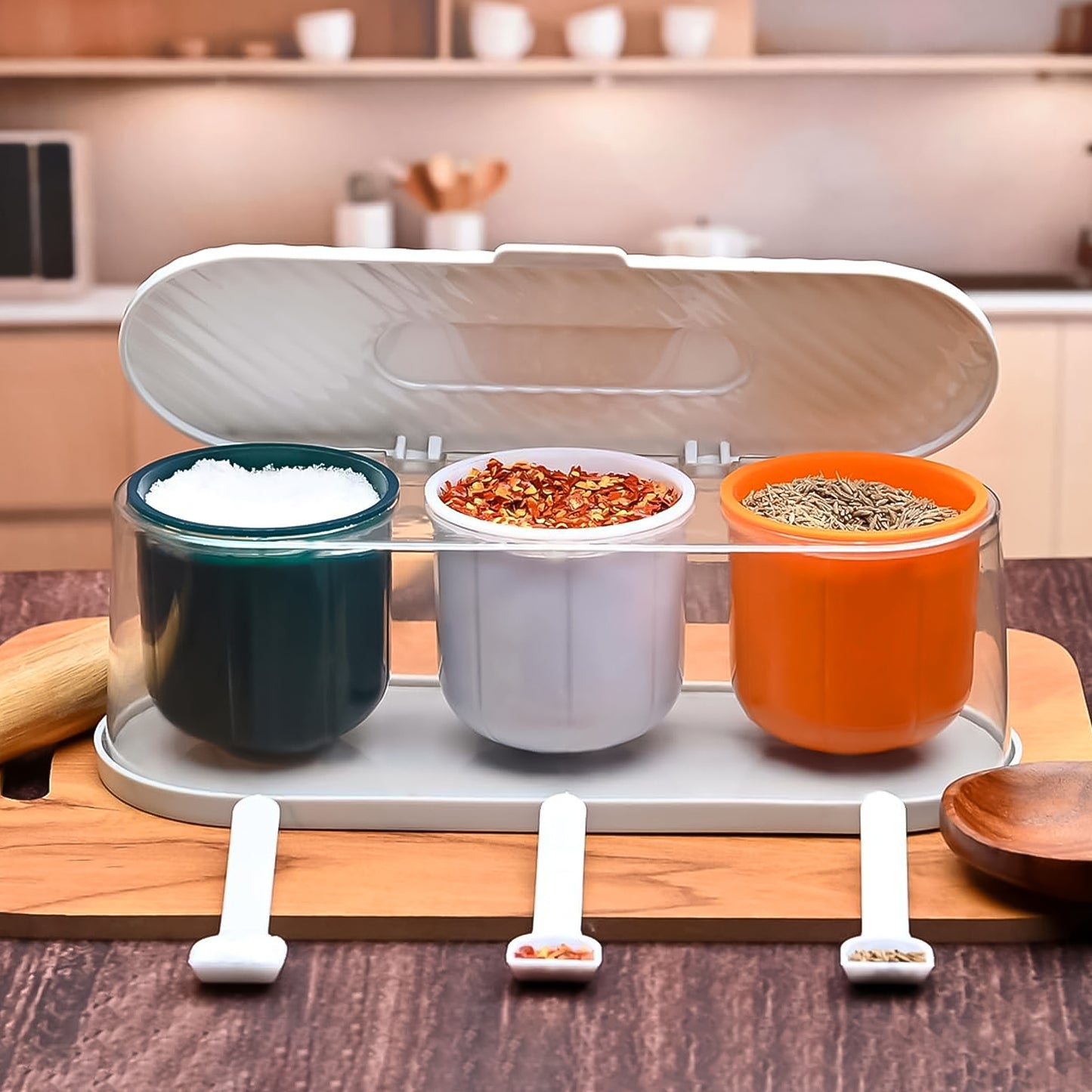 Home Kitchen 3 Grid Seasoning Spice  Masala Box Kit With Spoon (Multicolor  1 Set) - Happy Price - Image 7