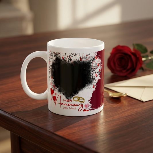 Burgundy Romance Friend Anniversary – Custom Photo Print Ceramic Mug (11oz) - Personalized Gift with Golden Rings