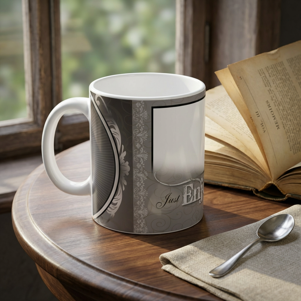 Vintage Silver 'Just Enjoy' – Custom Photo Print Ceramic Mug (11oz) - Elegant Personalized Photo Gift