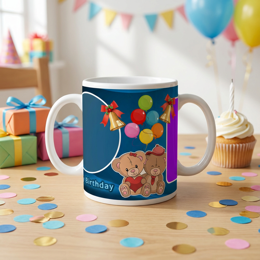 Festive Bears & Balloons – Custom Photo Print Ceramic Mug (11oz) - Personalized Gift with Dual Photo Slots