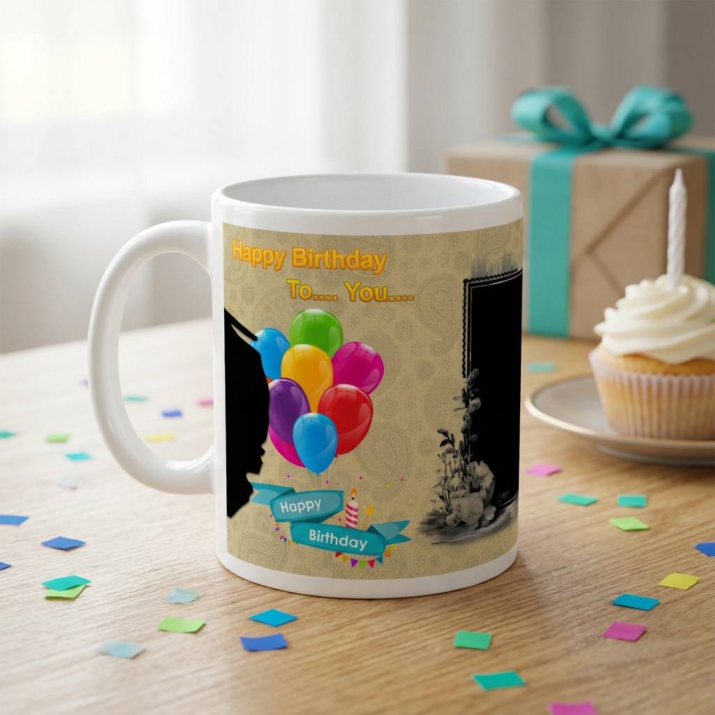 Festive Balloons & Paisley – Custom Photo Print Ceramic Mug (11oz) - Personalized Gift with Dual Photo Slots