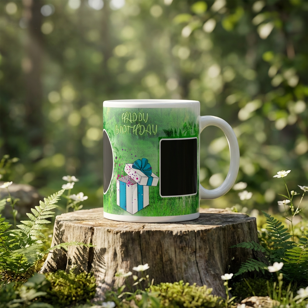Verdant Nature Birthday – Custom Photo Print Ceramic Mug (11oz) - Dual Photo Personalized Gift