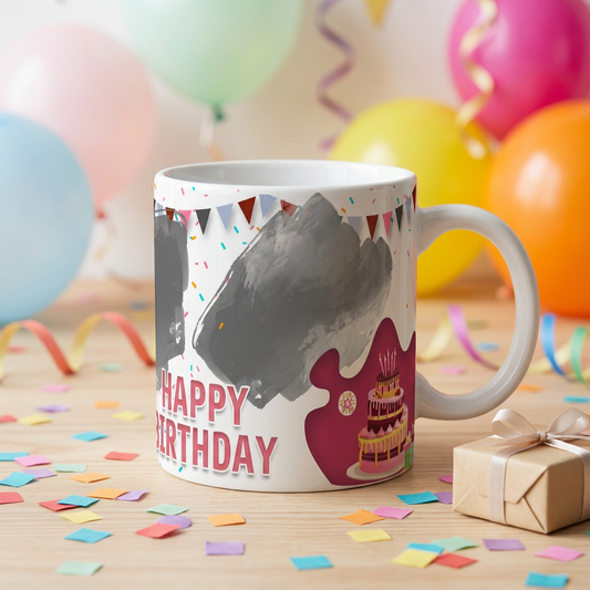 Festive Cake & Confetti – Custom Photo Print Ceramic Mug (11oz) - Personalized Gift Dual Photo Layout