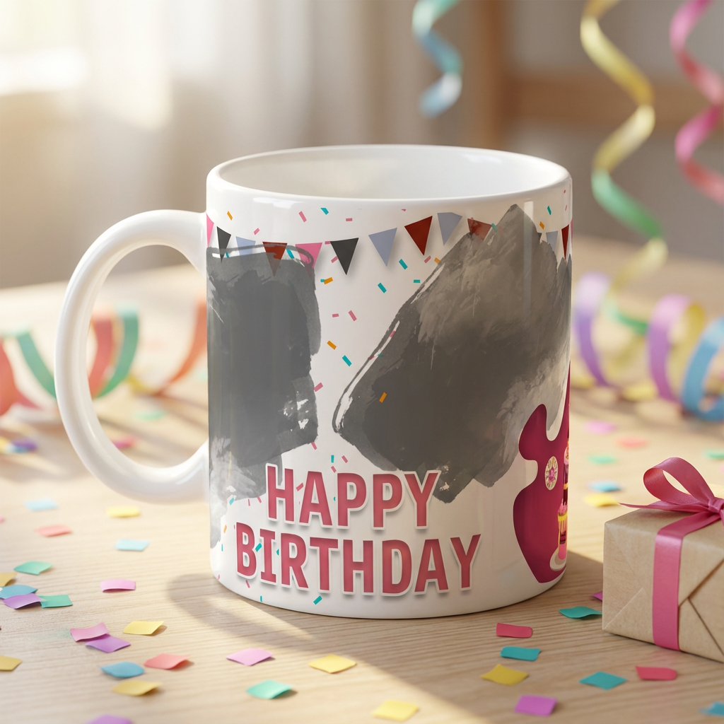 Festive Cake & Confetti – Custom Photo Print Ceramic Mug (11oz) - Personalized Dual Photo Gift
