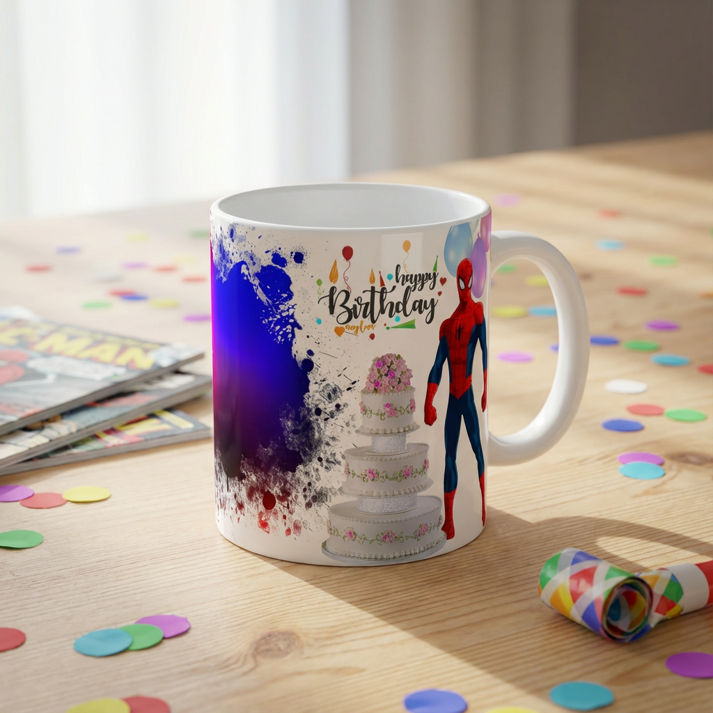 Superhero Birthday Bash – Custom Photo Print Ceramic Mug (11oz) - Personalized Gift for Fans
