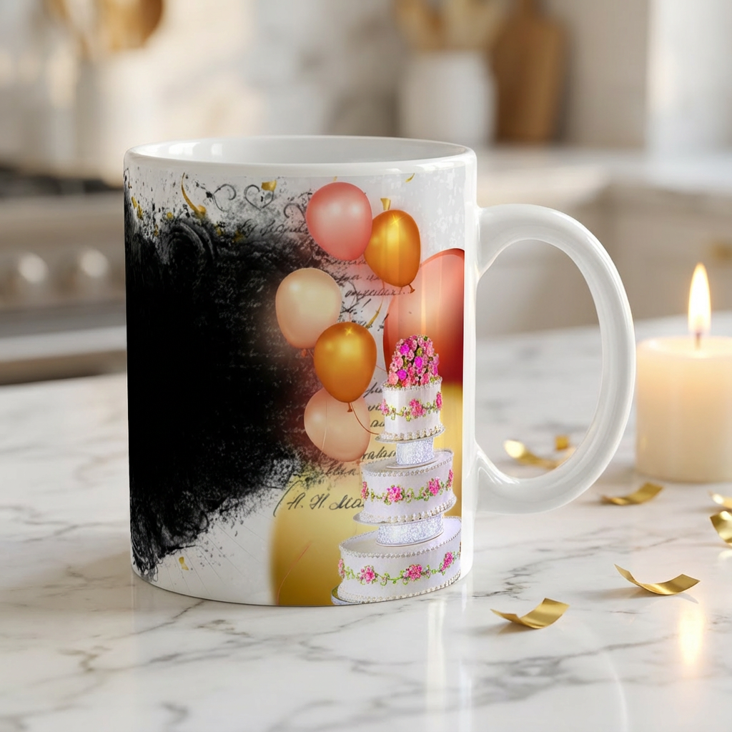 Elegant Cake & Balloons Heart – Custom Photo Print Ceramic Mug (11oz) - Personalized Gift