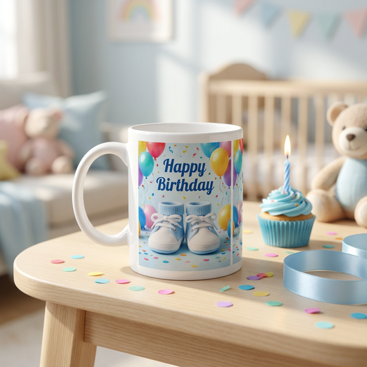 Baby Booties & Balloons Birthday – Custom Photo Print Ceramic Mug (11oz) - Dual Photo Slots