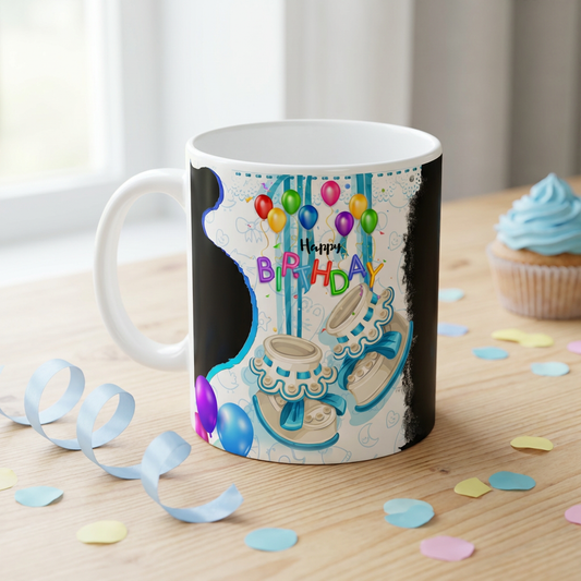 Baby Blue Steps & Balloons – Custom Photo Print Ceramic Mug (11oz) - Personalized Gift with Dual Photo Slots