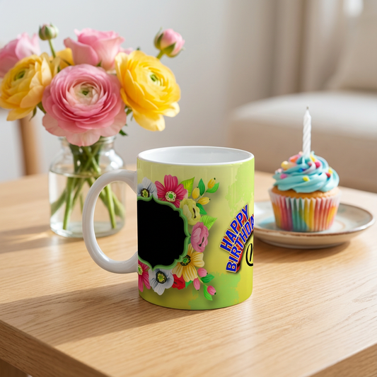 Vibrant Floral Birthday Frame – Custom Photo Print Ceramic Mug (11oz) - Personalized Gift