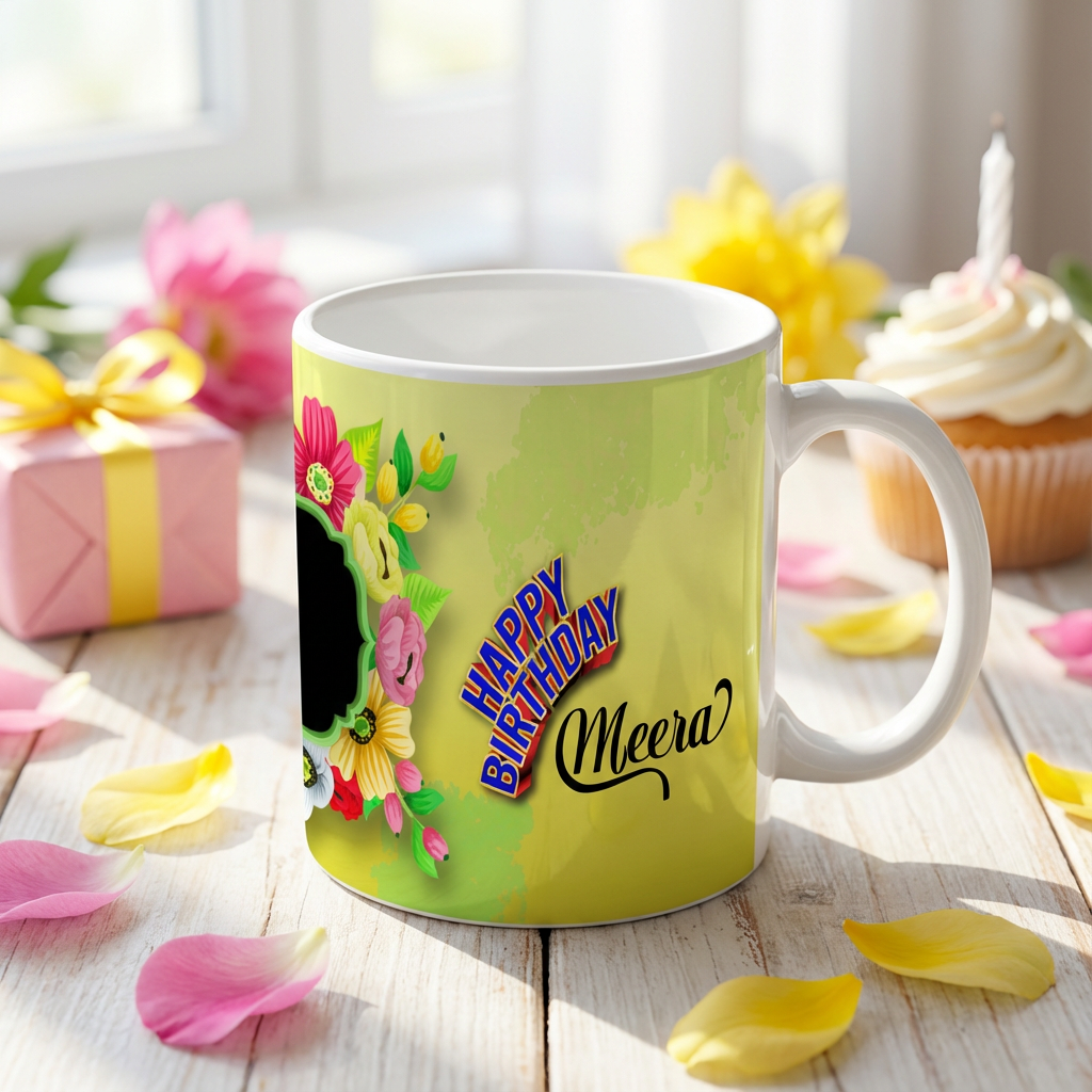 Vibrant Floral Frame Birthday – Custom Photo Print Ceramic Mug (11oz) - Personalized Name Gift