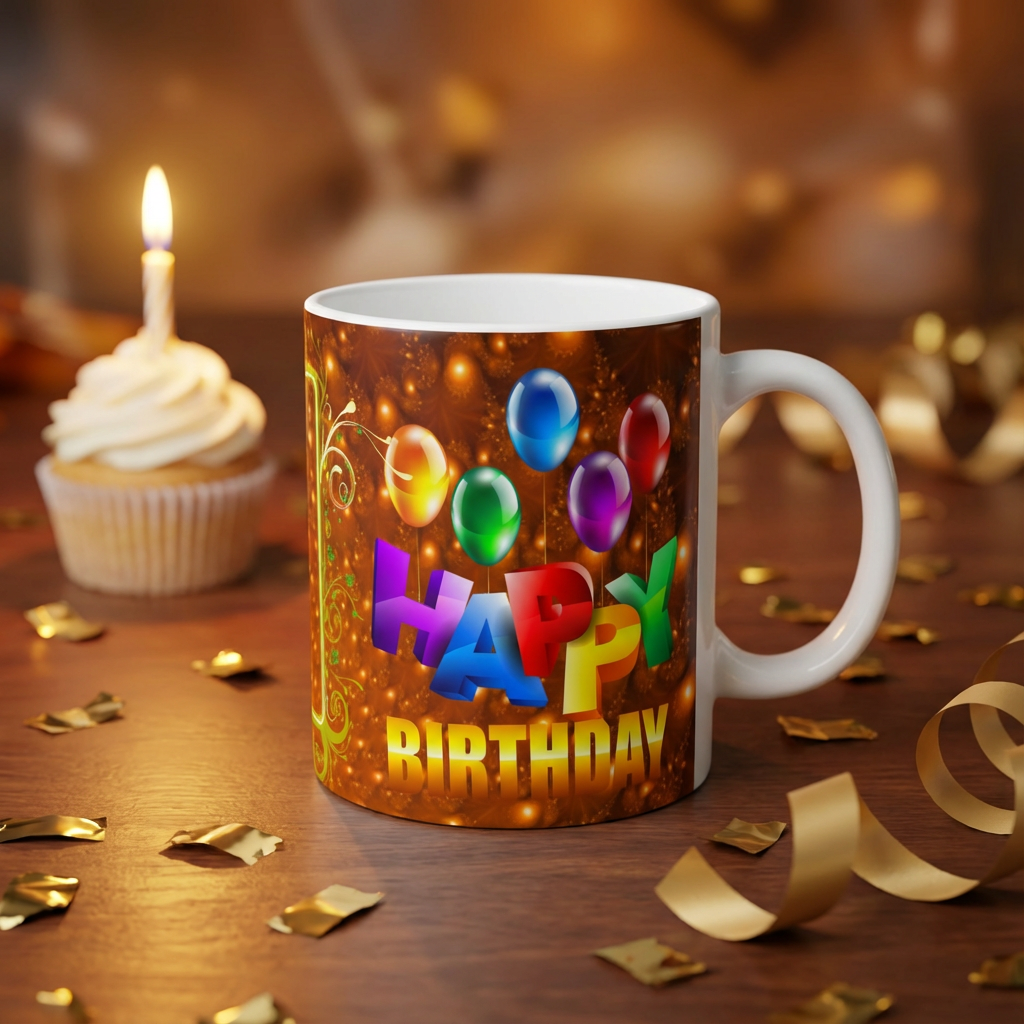 Golden Celebration – Custom Photo Print Ceramic Mug (11oz) - Personalized Gift with Balloons