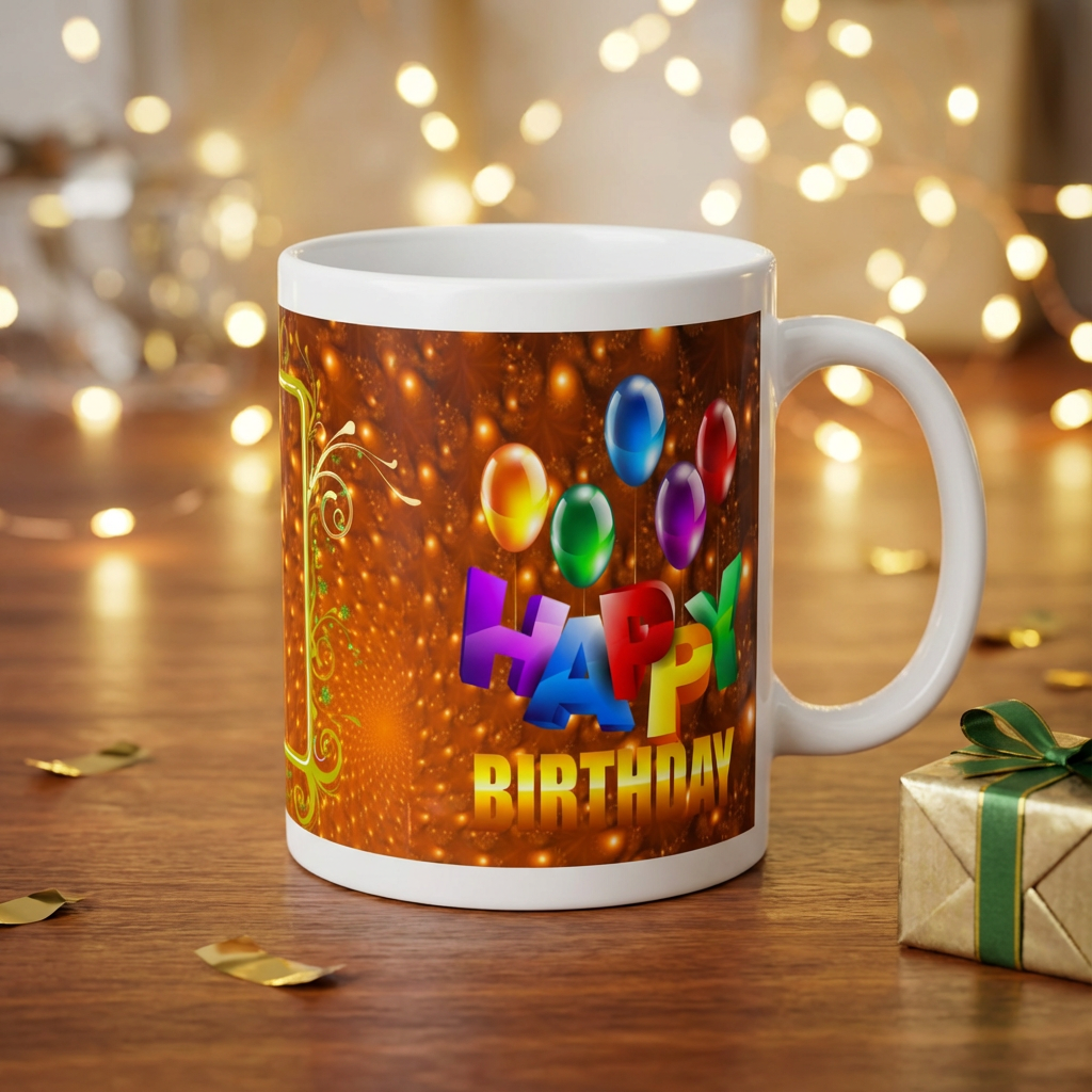 Golden Glow Birthday & Balloons – Custom Photo Print Ceramic Mug (11oz) - Personalized Gift for Celebrations