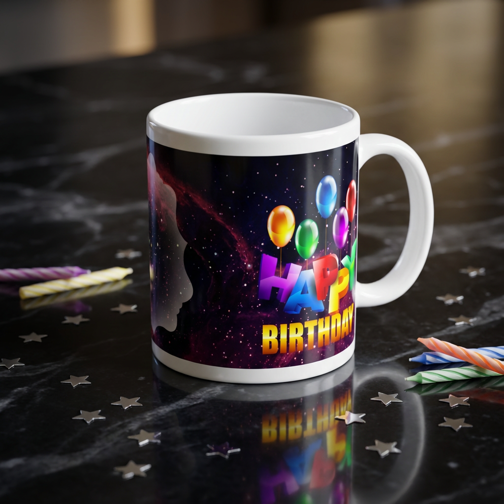 Cosmic Birthday Galaxy – Custom Photo Print Ceramic Mug (11oz) - Personalized Gift with 3D Balloons