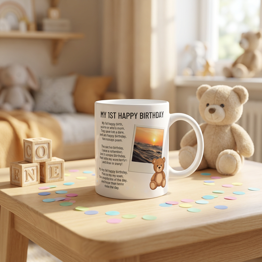 My 1st Birthday Teddy Bear – Custom Photo Print Ceramic Mug (11oz) - Personalized Gift