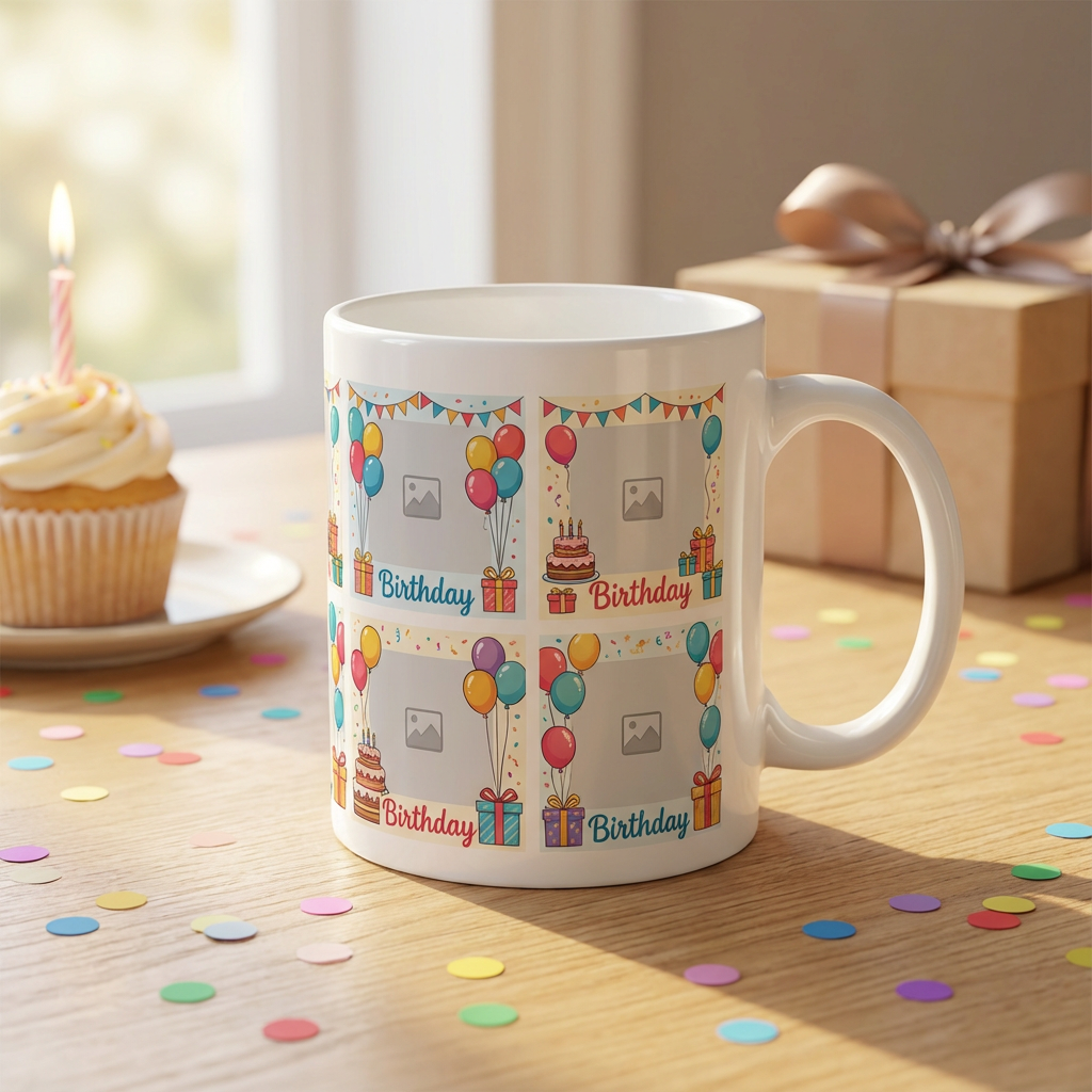 Birthday Memories Collage – Custom Photo Print Ceramic Mug (11oz) - Personalized Gift 4-Photo Layout