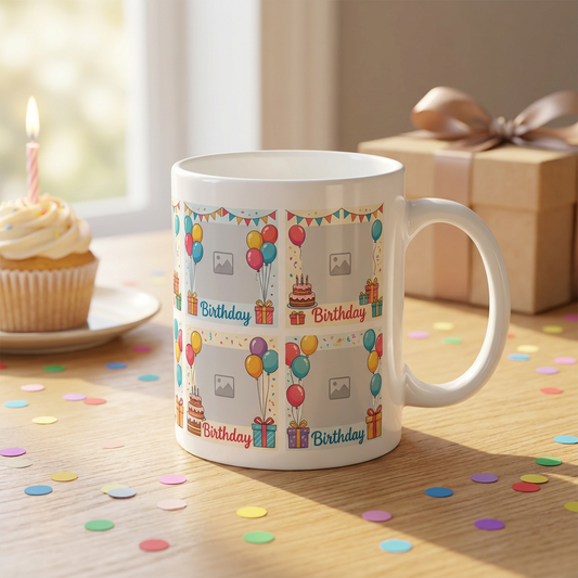Birthday Memories Collage – Custom Photo Print Ceramic Mug (11oz) - Personalized Gift 4-Photo Layout