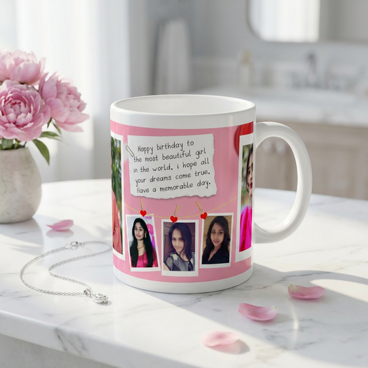 Pink Heart Strings Birthday – Custom Photo Print Ceramic Mug (11oz) - Multi-Photo Collage Gift