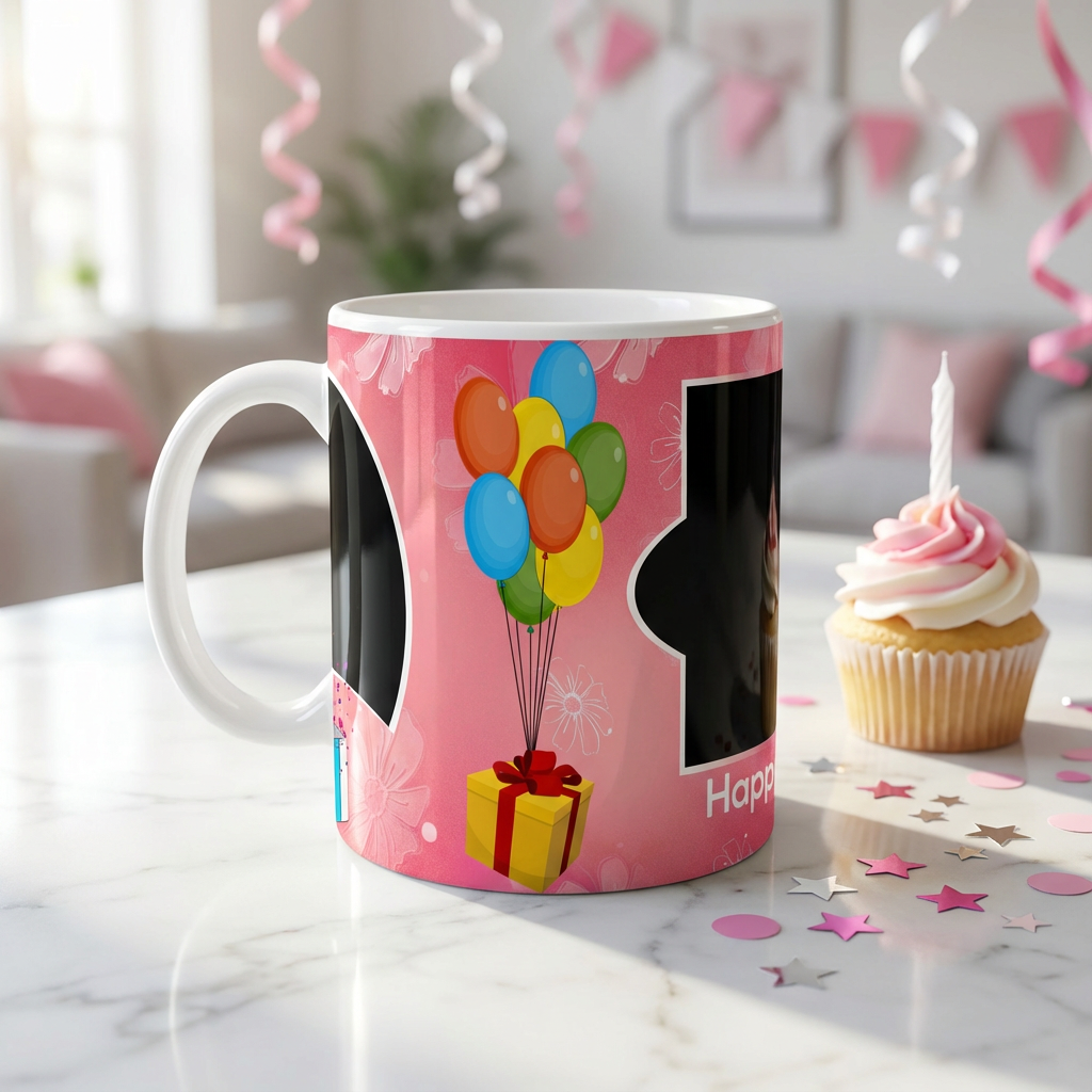 Pink Balloon Celebration – Custom Photo Print Ceramic Mug (11oz) - Personalized Gift & Dual Photo Layout