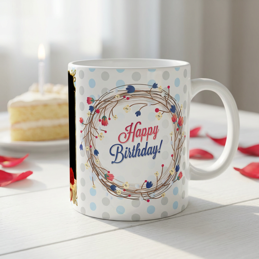 Blue Polka Dot & Floral Birthday – Custom Photo Print Ceramic Mug (11oz) - Dual Photo Frames