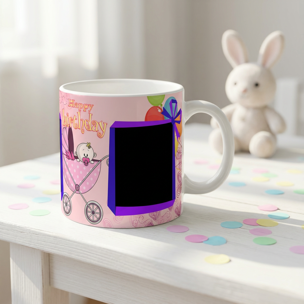 Pink Stroller & Balloons – Custom Photo Print Ceramic Mug (11oz) - Personalized Gift for Baby Girl