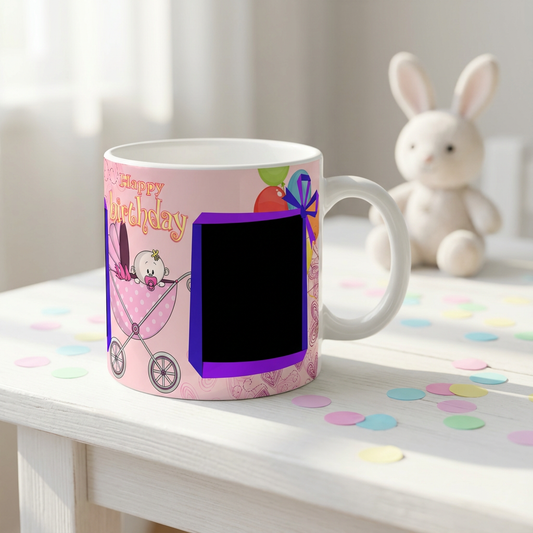 Pink Stroller & Balloons – Custom Photo Print Ceramic Mug (11oz) - Personalized Gift for Baby Girl