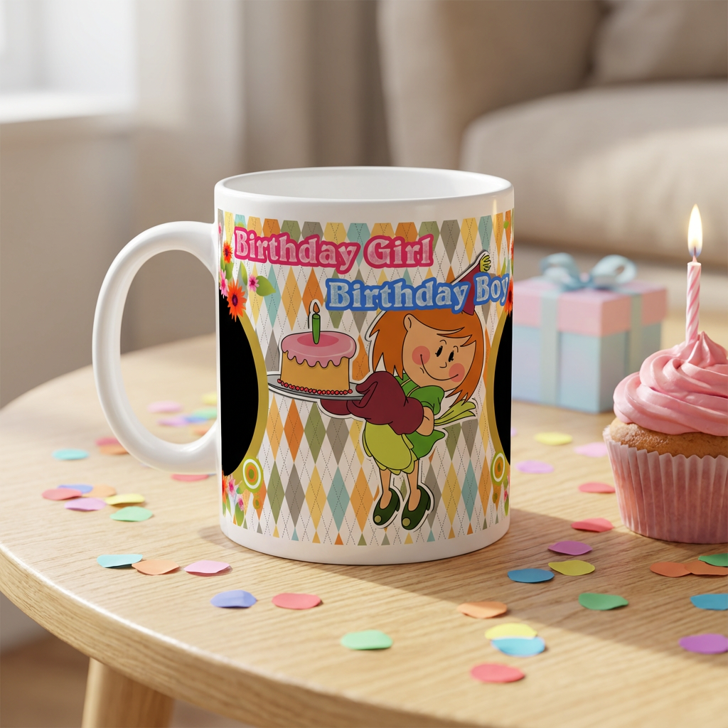 Festive Harlequin Cake – Custom Photo Print Ceramic Mug (11oz) - Personalized Gift with Dual Photo Slots